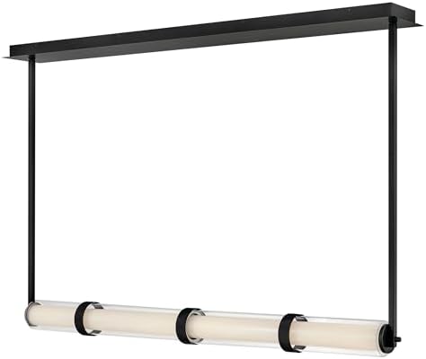 Fredrick Ramond Cy Large Linear Pendant - Integrated LED, Clear & Etched Opal Glass, Includes (2) 6-in and (4) 12-in Square Down Rods - Black Finish