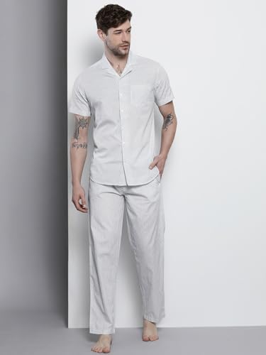 Image of The Indian Garage Co Men's Cotton Slim Fit Polka Dot Shirt & Pant Lounge Wear Set