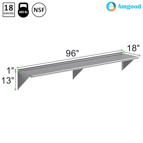 Image of AmGood 18 in. x 96 in. Stainless Steel Wall Shelf | NSF | Metal Shelving | Garage, Laundry, Storage, Utility Room | Restaurant, Commercial Kitchen
