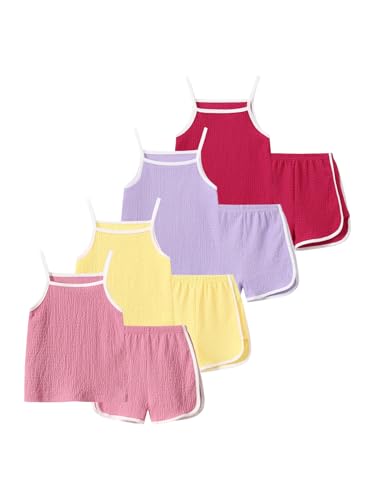 Image of Girls Summer Clothes 4 Piece Cute Outfits Cami Tank Top and Dolphin Shorts Sets for Kid Casual, Dance, Beach