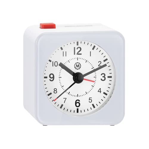 MARATHON Mini Non-Ticking Analog Alarm Clock with Auto Blacklight - Silent Smooth Sweep - Alarm & Snooze Functions - Two AAA Batteries Included, White/White