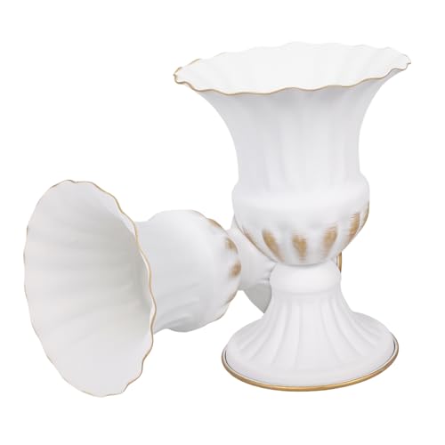 Mobestech Jarrón Conmemorativo De Cementerio Estilo Retro para Tumbas, Contenedor De Flores De Urna, Material Cerámico Blanco Detalles Dorados, Decoración Funeraria Exterior, Juego De 2 Unidades