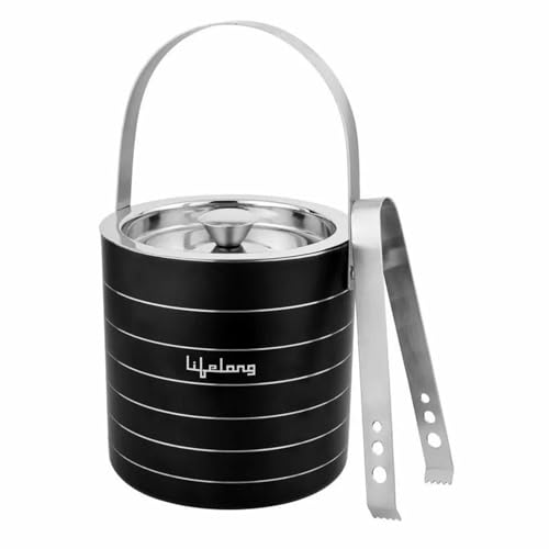 Image of Lifelong 1.5L Stainless Steel Double Walled Ice Bucket with Tong & Lid| Ice Box for Home, Bar, Parties & Gifting| Black Ring Design| Rustproof Ice Container with Handle for Whiskey, Cocktails & Drinks