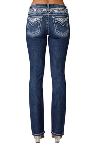 Miss Me Women's Delilah Mid-Rise Slim Bootcut Jeans with Floral Embellished Faux Flap Pockets