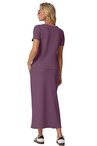 Image of GRECERELLE Women Summer Casual 2 Piece Sets V-Neck Wrinkle-Free Top & Elastic Waist Midi Side Slit Skirt with Pockets