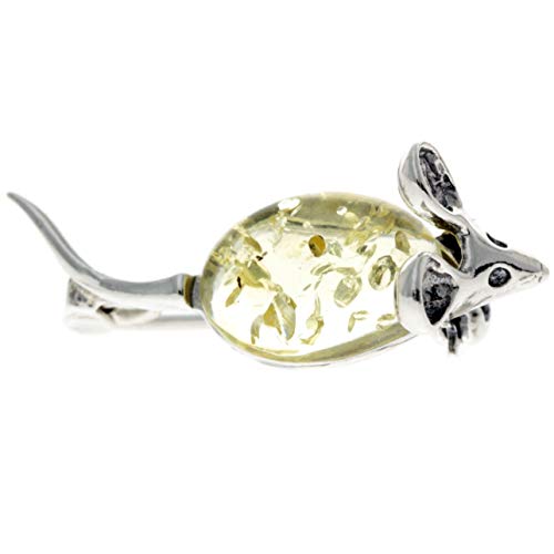SilverAmber Jewellery 925 Sterling Silver & Honey Baltic Amber - Mouse Brooch 4107L