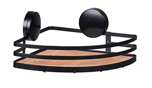 Wenko Étagère d'angle de douche Static-Loc® Plus Alba, étagère de salle de bains en acier laqué noir et bambou durable, fixation sans perçage, 27,3 x 21 x 10,8 cm