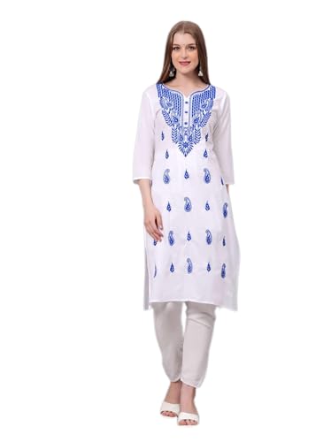 Women's Traditional Chikankari Cotton Kurta Indian Hand Embroidered Kurti Tunic for Women (White Blue -XXL)