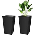 Briwooody Set of 2 16 Inch Large Taper Planters Outdoor Indoor Tall Resin Flower Pots with Drainage Holes Modern for Front Porch Patio Backyard Plants(Black)