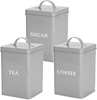 Andrew James Tea Coffee Sugar Canisters | Vintage Style Kitchen Storage Set | Rust Resistant Powder Coated Iron Caddies | Store Coffee Beans Granules Teabags Sugar | Part of The Vintage Range | Grey