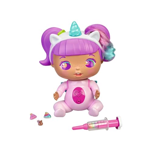 The Bellies From Bellyville - Rosie Rainbow!, muñeca interactiva Grande Big bellie, Bebe Unicornio Cuerno y Pelo Rosa, con Accesorio de Vacuna, Sonido y luz, niños Desde 3 años, Famosa (700016632)