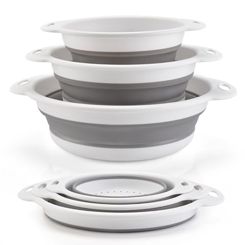 Surwin 3 Stück Faltbares Silikon Sieb Set, Küche Silikon Klappbar Abtropfsieb Nudelsieb Set, Silikonfilterkörbe Camping, Küchenutensilien zum Abtropfen von Nudeln, Gemüse, Obst-Weiß