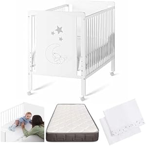 Cuna Colecho de Bebé Indi Estilo Nórdico Infantil 120x60 cm, con Kit Colecho, Colchón Morfeo, 4 Ruedas y Sábanas de Algodón CoolDreams