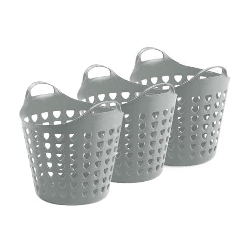 Kreher® flexibler Aufbewahrungskorb aus Kunststoff für Wäsche, Spielzeug und vieles mehr! In peppigen Farben mit Belüftungslöchern. 35 Liter Volumen, mit zwei großen Henkeln. (3er Set in Grau)