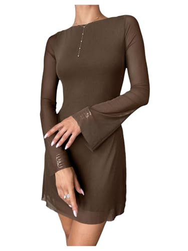 Milumia Women's Boat Neck Mesh Long Bell Sleeve Mini Dress Y2k Going Out Short Dresses Fall 2025 Coffee Brown Large