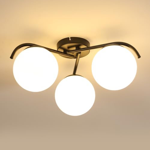 Mckalen Lampada da Soffitto Nero, E27 Plafoniera da Soffitto a Semi-incasso in Vetro, Metallo Lampadario Moderno per Camera da Letto Soggiorno Cucina Sala da Pranzo Corridoio (Lampadine Escluse)