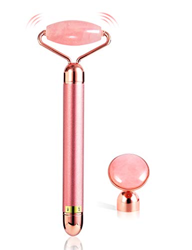 2in1 Rose Quartz Face Roller Skin Care Tools Electric Facial Roller Quartz Crystals Vibrating Face Massager Roller HANABEE Eye Massager Beauty Products For Women Anti-aging Reduce Wrinkles Eye Roller
