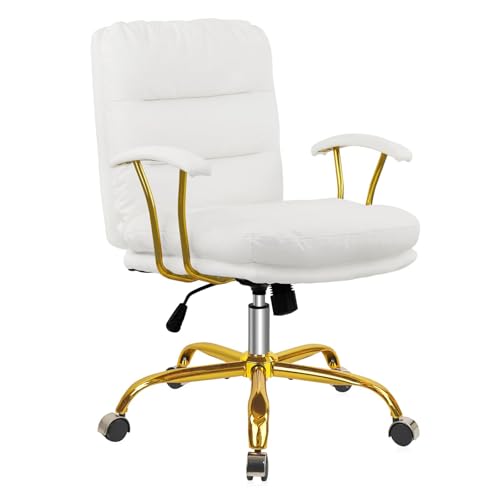 KLASIKA Chaise de bureau en cuir blanc avec pieds dorés, chaise de bureau à hauteur réglable avec siège et accoudoirs rembourrés, chaise d'ordinateur...