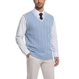 Men’s Cable Knit Sweater Vest V Neck Sleeveless Pullover Classic Fit Business Casual Retro Knitwear for Fall Winter Layering Light Blue