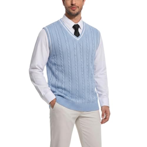 Men’s Cable Knit Sweater Vest V Neck Sleeveless Pullover Classic Fit Business Casual Retro Knitwear for Fall Winter Layering Light Blue