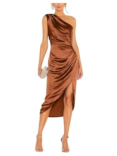 Image of Satin Bridesmaid Dresses for Women One Shoulder Prom Dress Pleated Midi Formal Cocktail Gown Wedding Guest Dress with Slit