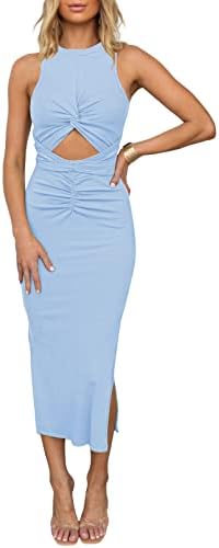 HUUSA Women's Sexy Sleeveless Hollow Out Slim Bodycon Dress Casual Crewneck Crisscross Twist Ruched Slit Ribbed Knit Tank Maxi Dress Cocktail Party Long Dresses Light Blue L