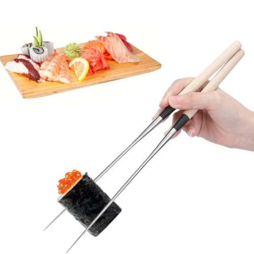 Palillos reutilizables de acero inoxidable de 18 cm con mango de madera para sushi 7
