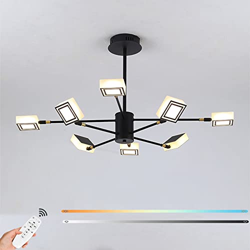LED Pendelleuchte Wohnzimmerlampe Dimmbar mit Fernbedienung, Ø93 cm, 8-flammig Wohnzimmer Pendellampe Schwenkbar & Drehbar, 128W Modern Decke Schlafzimmer Lampe Schwarz, Eisen und Flach Acryl-schirm Cover