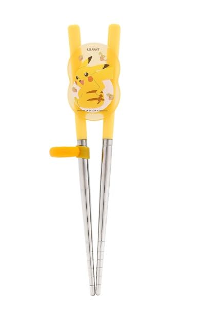 Pikachu Stainless Steel Training Chopsticks, Finger Ring Can Be Moved for Right or Left Handed, Made in Korea (P)