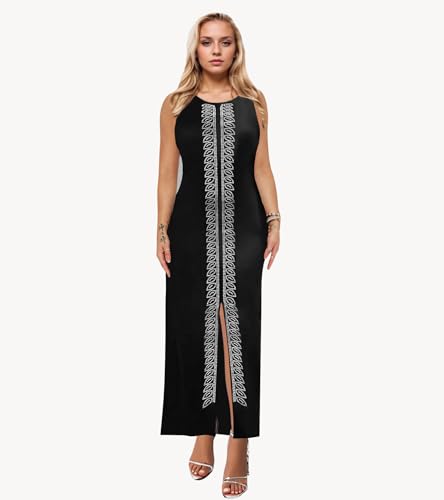 Image of Jigfar Women Sexy Elegant Rhinestone Mesh See Through Party Club Night Split Bodycon Formal Maxi Dress