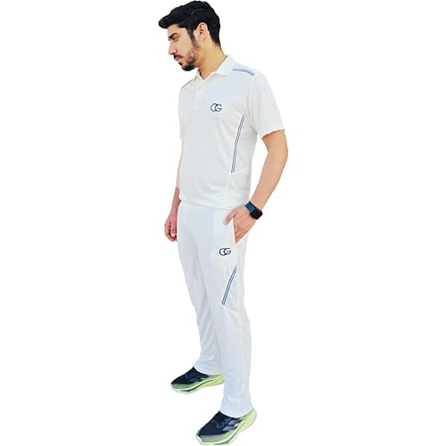 Image of CG Cricket White Tracksuit for Men & Boys | Half Sleeve Jersey & Lower set | Comfortable cricket t shirt & track pant | Cricket Dress Uniform