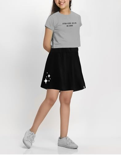Image of KYDA KIDS 100% Pure Cotton Girls Printed Crop Top and Skirt with Attached Inner shorts Co-ords Set