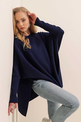 Image of Women's Crew Neck Batwing Sleeve Split Hem Oversized Knit Poncho Sweater
