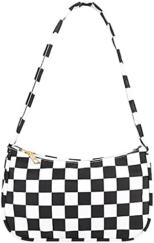 ZEHO Checkerboard Nylon Shoulder Bag Stylish Underarm Handbag Cute Retro Mini Shoulder Bag Trendy Clutch Purse 90s Y2k Bags, Black and White Checkerboard
