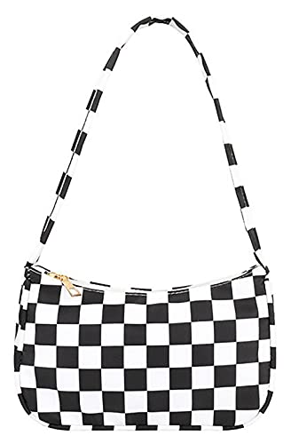 Zeho Checkerboard Nylon Shoulder Bag Stylish Underarm Handbag Cute Retro Mini Shoulder Bag Trendy Clutch Purse 90S Y2K Bags, Black And White Checkerboard #TOP1