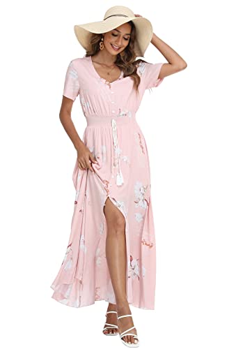 Image of VintageClothing Women's Floral Maxi Dresses Boho Button Up Split Summer Casual Long Dress Beach Party Dress