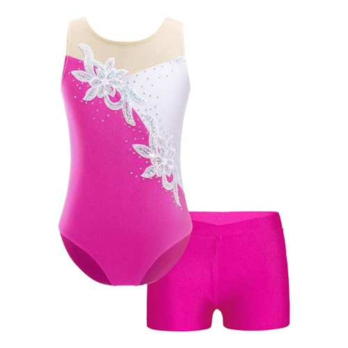 Linjinx Kids Girls Rhinestone Floral Gymnastics Dance 2 Piece Outfits Sleeveless Leotards with Athletic Shorts Sets Tracksuit