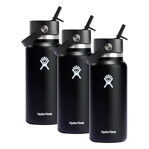 Image of Hydro Flask Water Bottle - Insulated Stainless Steel - Wide Straw Lid, Non Spill, Leakproof in 32 Oz Black (Pack of 3)