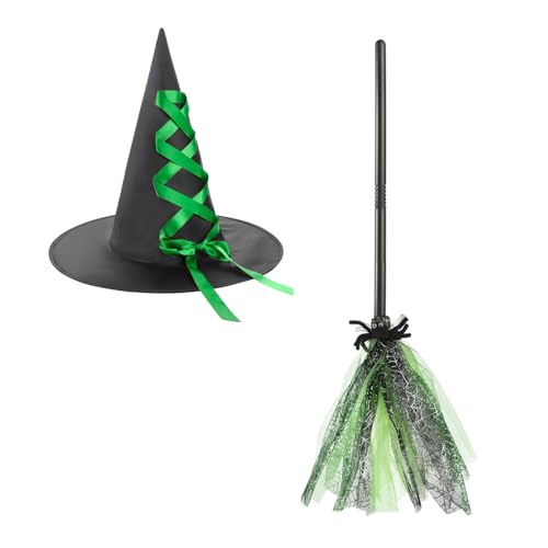 [SIQITECH] ハロウィン 魔女 帽子 ほうき 2点セット ウィッチハット 蜘蛛の巣 箒 巫女 とんがり帽子 おもしろい 魔法使いハット 占い師 小悪魔 コスプレ ヴァンパイア 仮装 雰囲気作り 小道具 お化け屋敷 パーティー イベント 文化祭 学園祭 緑（Amazon）