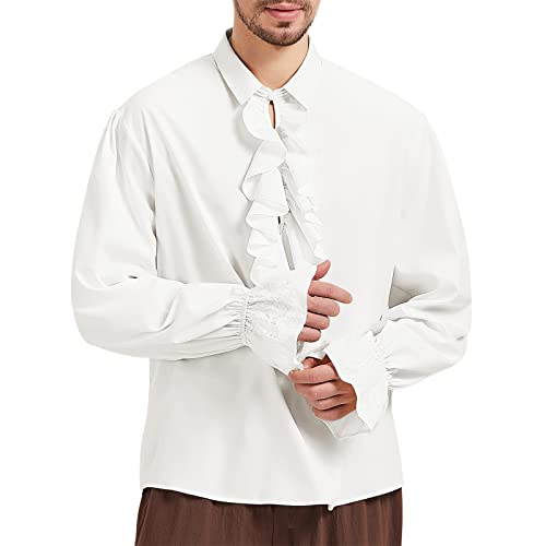 Mens Pirate Shirt Medieval Renaissance Victorian Costume Ruffled Steampunk Vampire Gothic Halloween Cosplay Tops White S by American Trends - Image 3