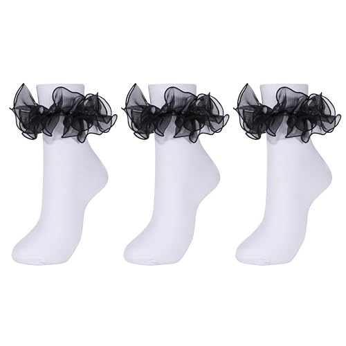 Dicry Women Big Ruffle Socks Double Lace Turn Cuff (White & Black, 3 Pairs, 9-11)