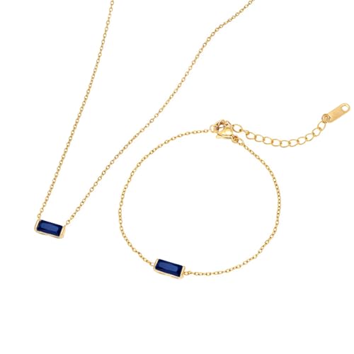 Snuhlzvm 12 Birthstone Necklace and Bracelet Set for Women, Rectangle Gemstones, 18K Gold Plated...