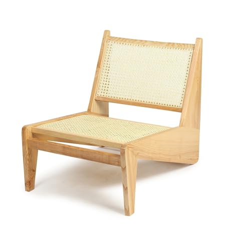 Image of Handcrafted Natural Wood Lounge Chair with Cane Rattan Weave, Modern Minimalist Design, Indoor Living Room Accent