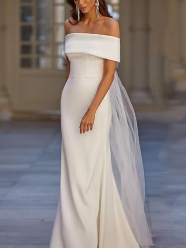 SHANDUAO Beach Backless Wedding Dress for Bride Mermaid Satin Off The Shoulder Bridal Gowns for Wedding Sleeveless Bridal Dresses with Bow White Size 122