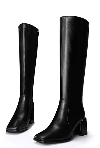 Women's Knee High Boots Block Metal Heel Square Toe Side Zipper Soft PU Leather Classic Fashion Dress Long Boots3
