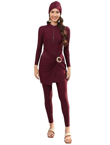 Maillots de Bain islamiques pour Femmes : Burkini à Manches Longues, 3 pièces, Hijab noué sur Le Devant, Maillot de Bain pudique Couvrant entièrement, Rashguard - Maillot de Bain Islamique Rouge M