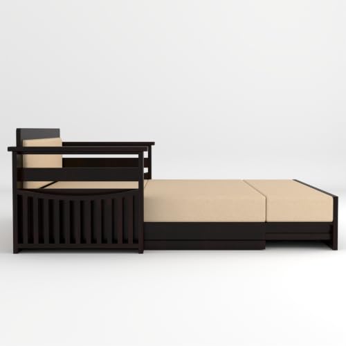 Image of Solid Sheesham Wood Sofa Cums Bed with Mattress & Storage | Rosewood Convertible Sofa Bed for Living Room & Bedroom (E-Walnut, 3 Seater)