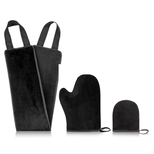 3 pcs Self Tanning Mitt Set - 3 in 1 Tan Mitt Applicator for Self Tan Mitt with Velvet Tanning mitt,Tanning Mitten,Self Tanner Black Applicator,Face Tanning Glove,Exfoliate Mitt,Tanning Brush
