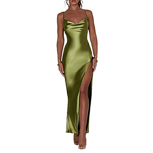 Aunaeyw Vestido largo de satén para mujer, con tirantes delgados, cuello drapeado, sin mangas, con abertura alta, vestido largo por debajo de la rodilla, vestido largo para fiesta, boda, verde, S