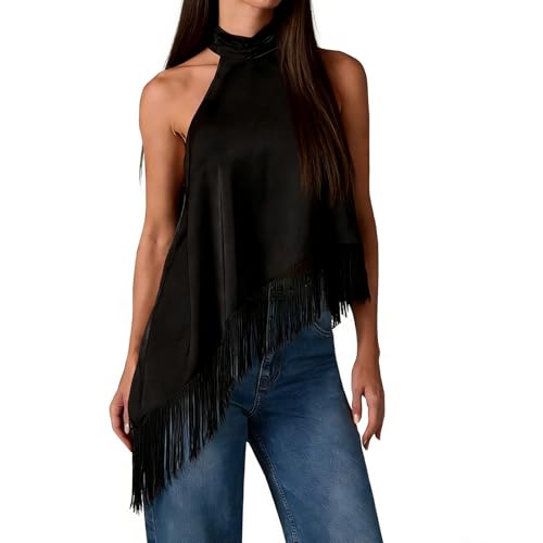 Nlacehan Womens Halter High Neck Satin Top Asymmetrical Fringe Hem Sleeveless Tops Blouse for Summer Going Out Club Party (Black S)